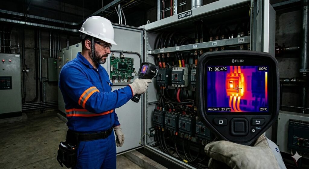 Engenheiro realizando inspeção termográfica em painel elétrico industrial com câmera térmica para identificar superaquecimento.
