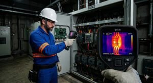 Engenheiro realizando inspeção termográfica em painel elétrico industrial com câmera térmica para identificar superaquecimento.